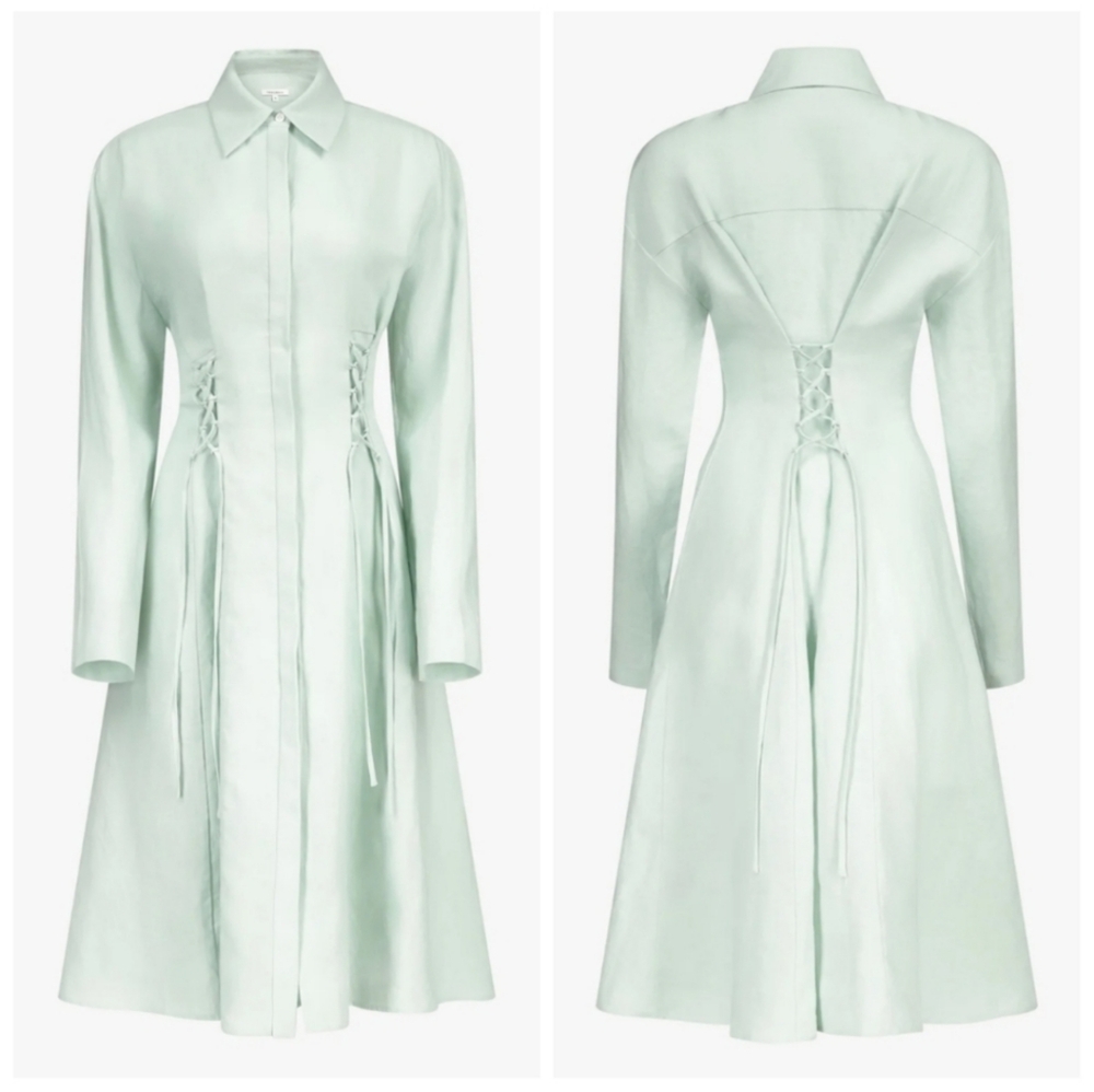 PRISCAVera Linen Laced Button Down Dress Matcha Green Small